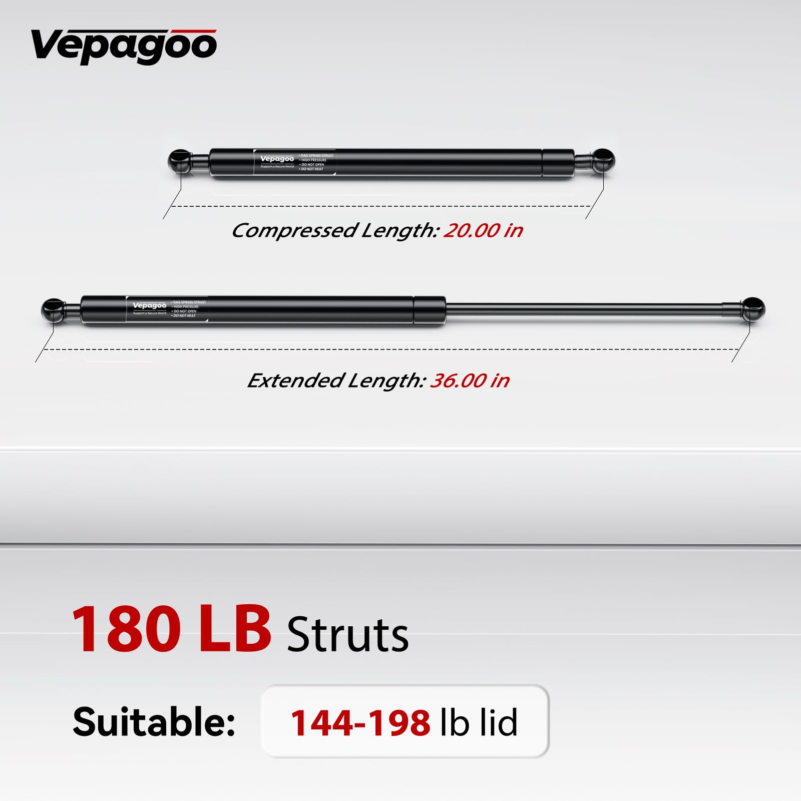 Vepagoo 36" Gas Strut Shock Lift Support - 180Lb/801N Heavy Duty for Tonneau Cover, RV, Truck Bed - Black, Set of 2, Model ST