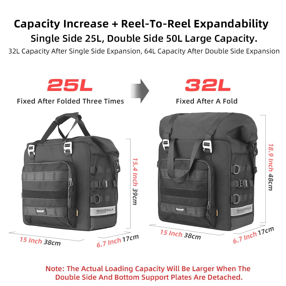 Rhinowalk Motorcycle Saddlebag 25L Waterproof Luggage Bag Black MTR2050-1