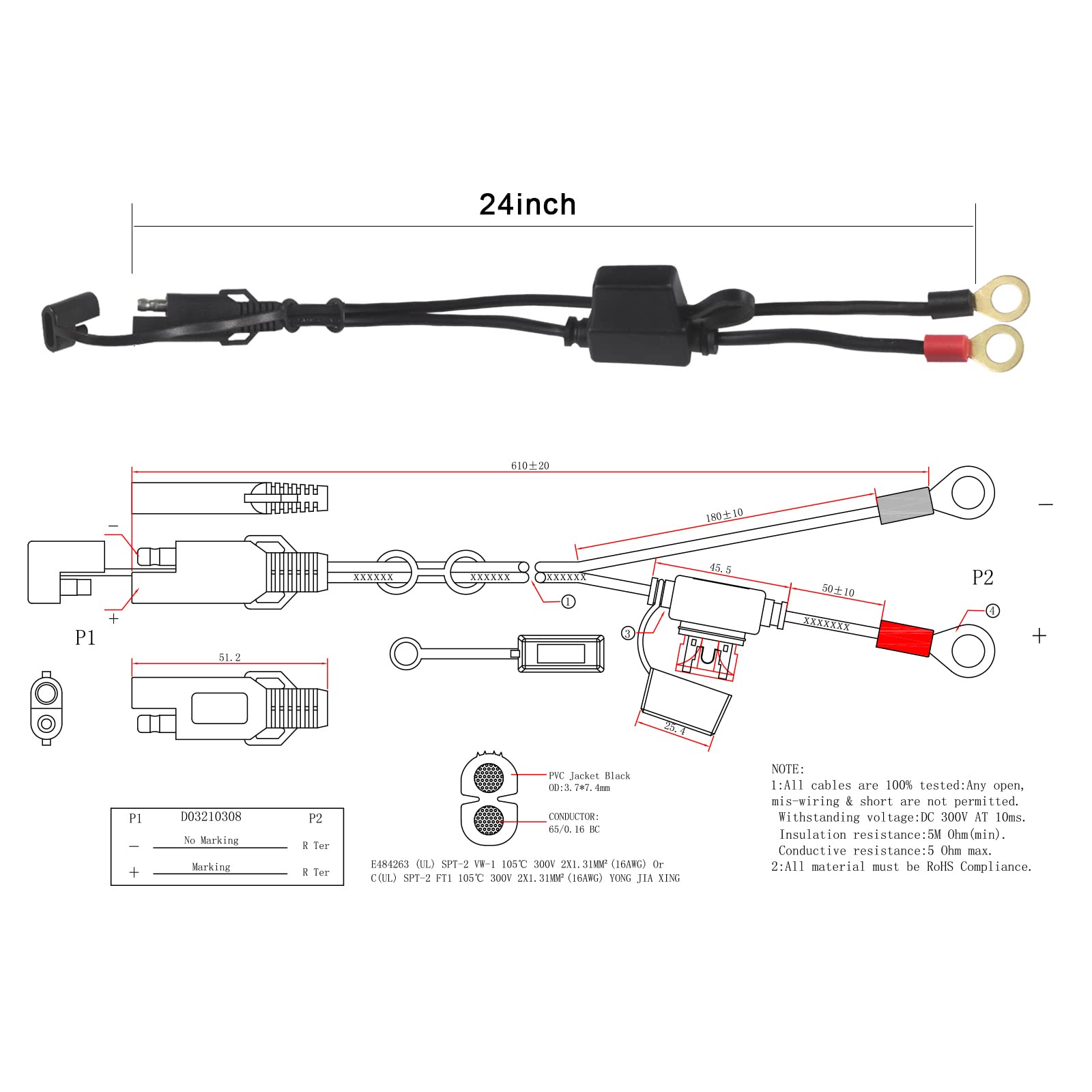 Sae To O Ring Terminal Harness 2Ft - Sae Eyelet Ring Terminal Cable 16Awg Motorcycle Battery Trickle Charger Extension Cord With