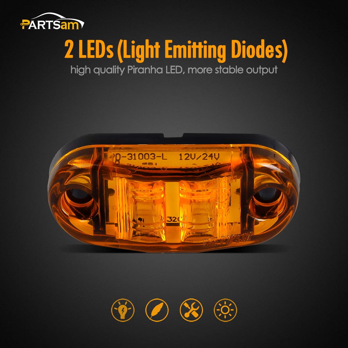 Partsam 4 Pcs 2.5Inch Oval Amber Lens 2 Diode Led Trailer Truck Clearance Side Marker Light