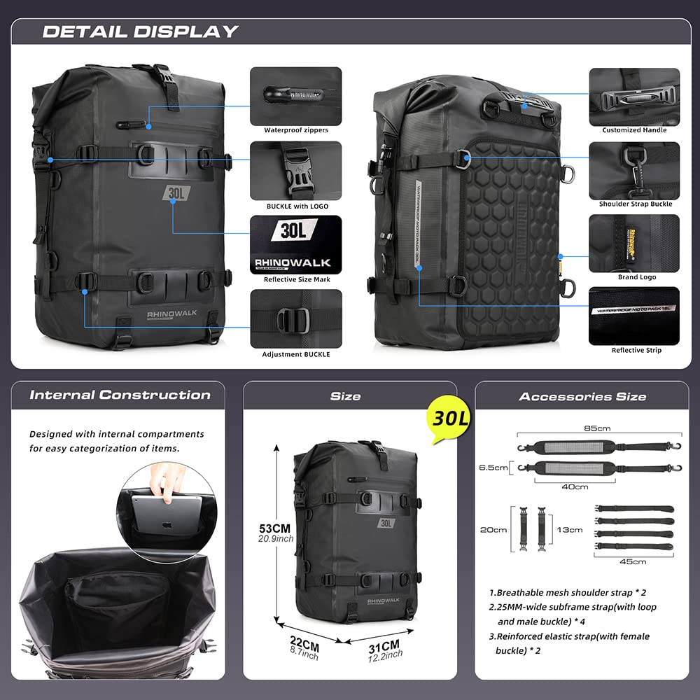 Rhinowalk Motorcycle Tail Bag Motorbike Side Bag 30L Full Waterproof Motor Saddle Pannier Bag Rear Rack Trunk Professional Motor