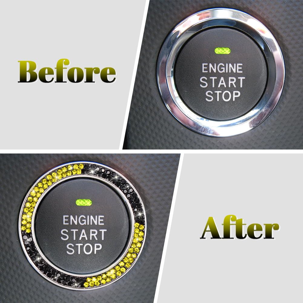 Tobequeen Bling Black Yellow Push Start Button Cover Emblem Sticker, Crystal Diamond Rhinestone Engine Start Ring Car Decor, Yel