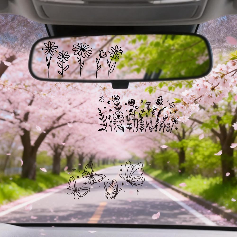 PRESSINART 6Pcs 3 Styles Flower Car Mirror Stickers Butterfly 2 x 4 Inch Black Waterproof for Cars Auto Trucks, Rear View Mirror