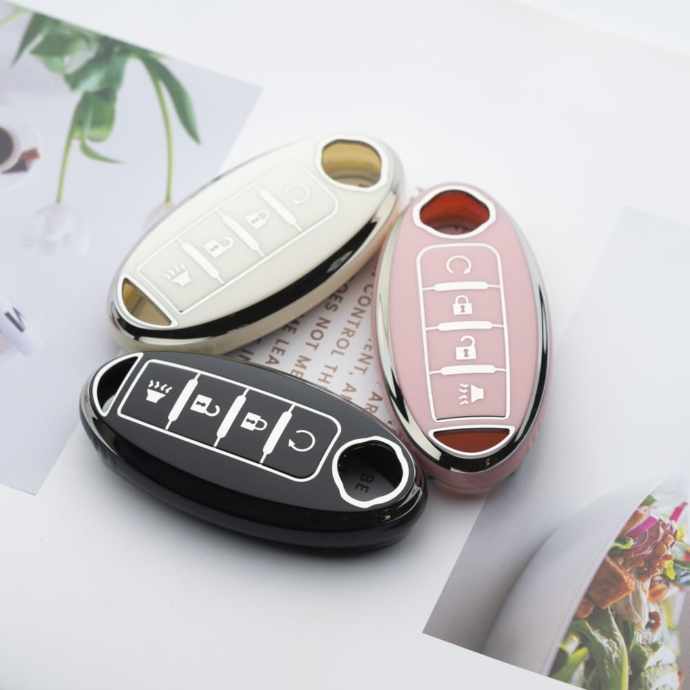Tautrophen Key Fob Cover for Nissan Infiniti, 4 Buttons, TPU, Silver and Pink, Model RC403-YF