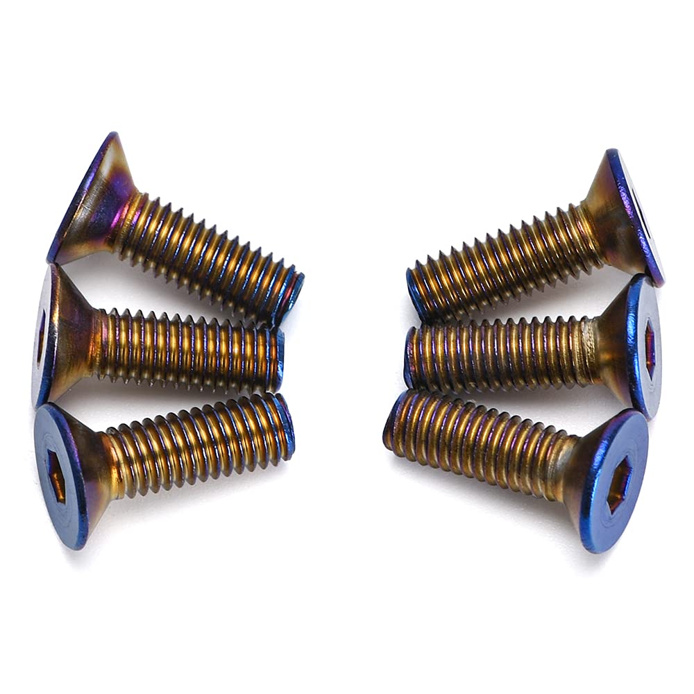 PQY Steering Wheel Screw Bolts - 6pcs Taper M5×0.8, 15mm Flat Head, Aluminum, Burnt Titanium Finish, Blue