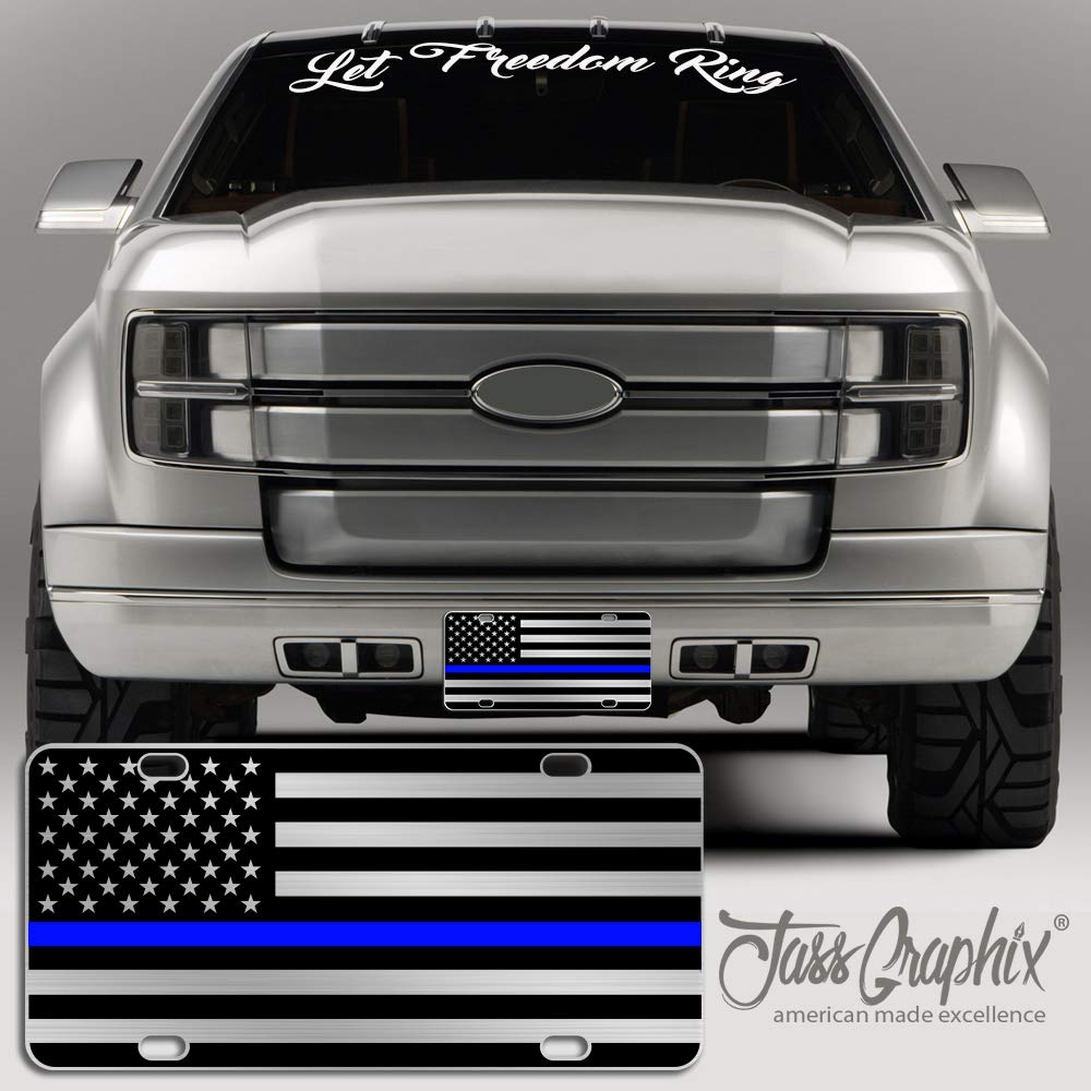 Jass Graphix Thin Blue Line American Flag License Plate Matte Black On 1/8'' Brushed Aluminum Composite Heavy Duty Tactical Patr