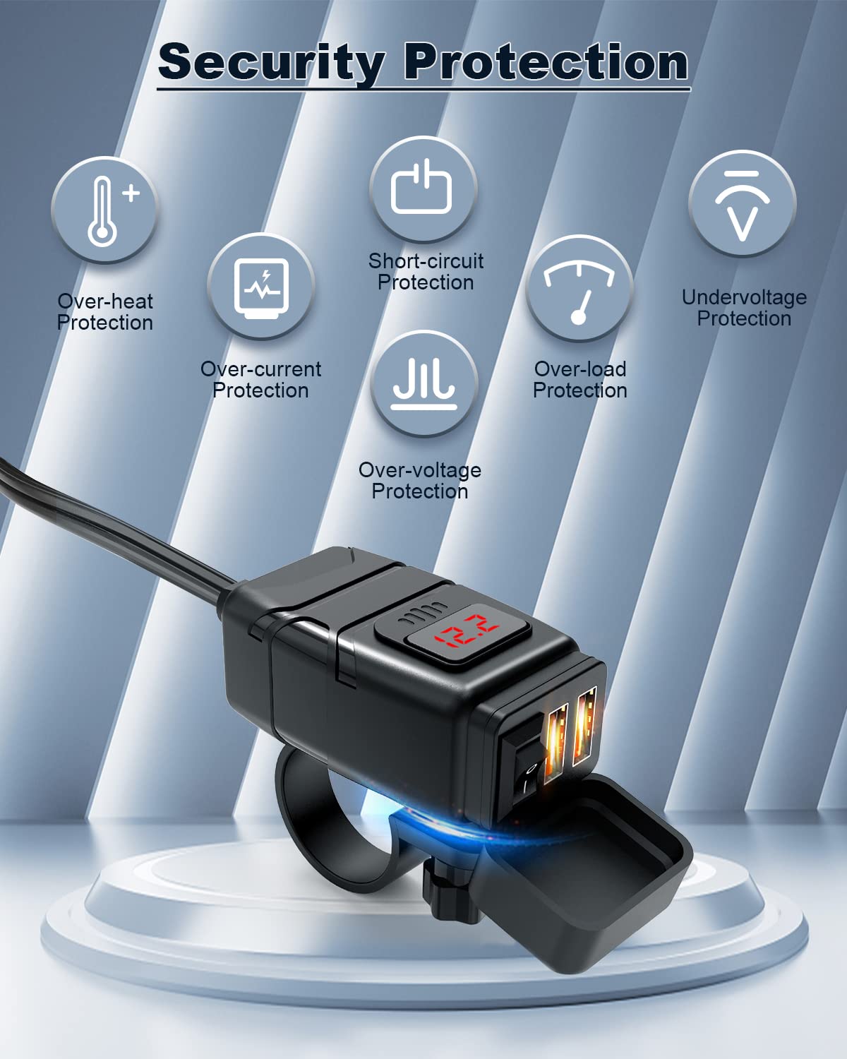 EXTRACTME Motorcycle USB Charger, 6.8A Quick Charge 3.0, Waterproof, Red Voltmeter, Model EM MTCCD
