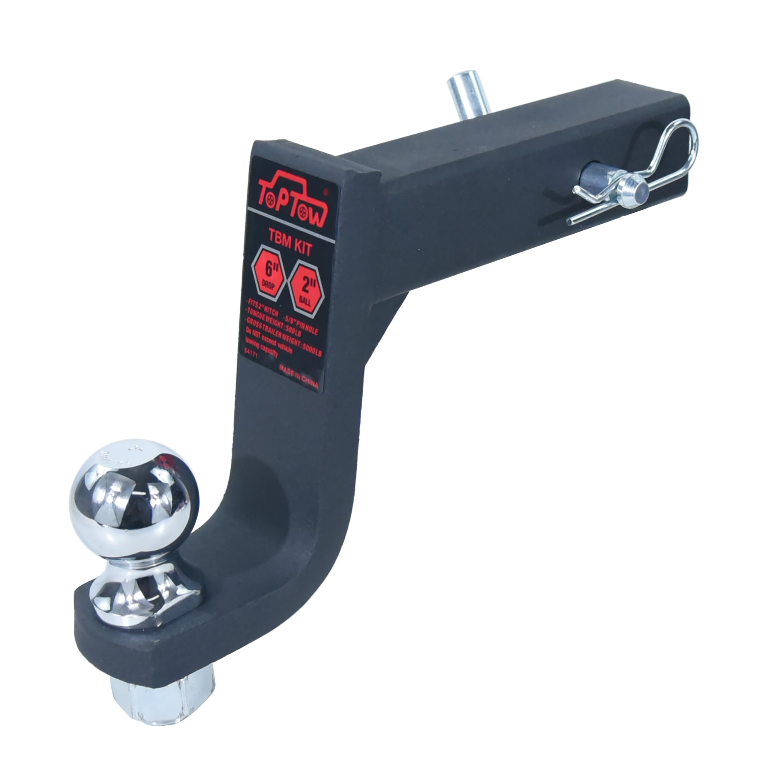TOPTOW Trailer Hitch Ball Mount Kit with 2 inch Trailer Ball and 5/8 inch Hitch Pin, 6 inch Drop, Fits 2 inch Hitch Receiver, Ma