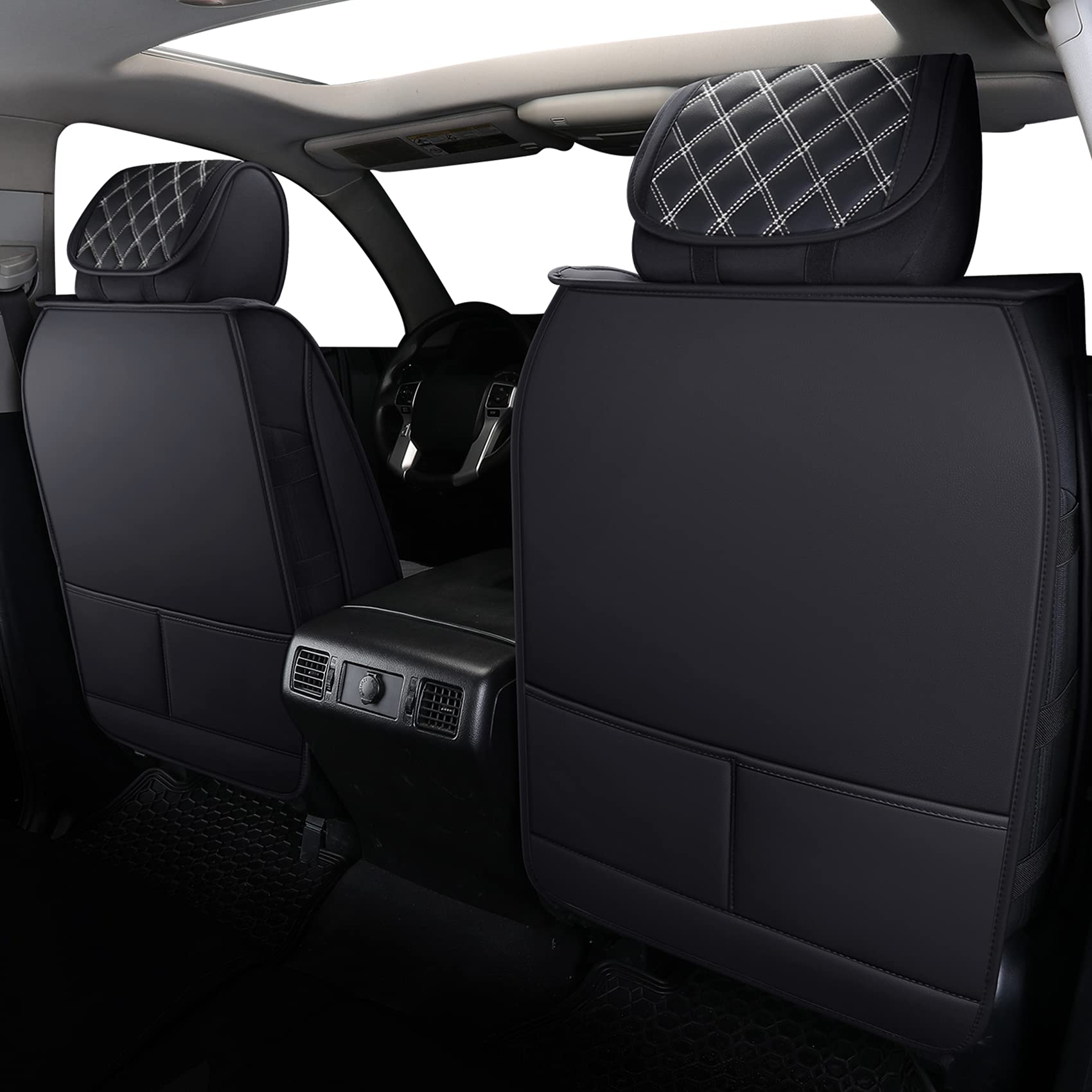 Yiertai Car Seat Covers Compatible With 2008-2025 Toyota Tundra Crewmax Double Cab Sr5 Limited Platinum Trd Pro Crew Cab Truck Waterproof Leather Seat Covers(5 Pcs Full Set/Black-White)
