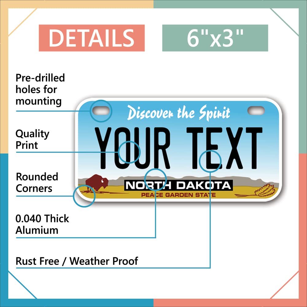 Inkmyplate Personalized North Dakota Small License Plate | Bike 6X3 Inch | Select From All 50 States | 3 Sizes | Custom License