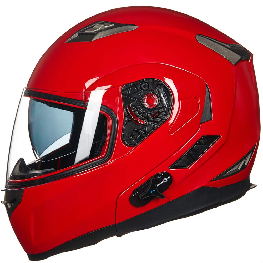 Ilm Bluetooth Integrated Modular Flip Up Full Face Motorcycle Helmet Sun Shield Mp3 Intercom Model 953 (S, Red)