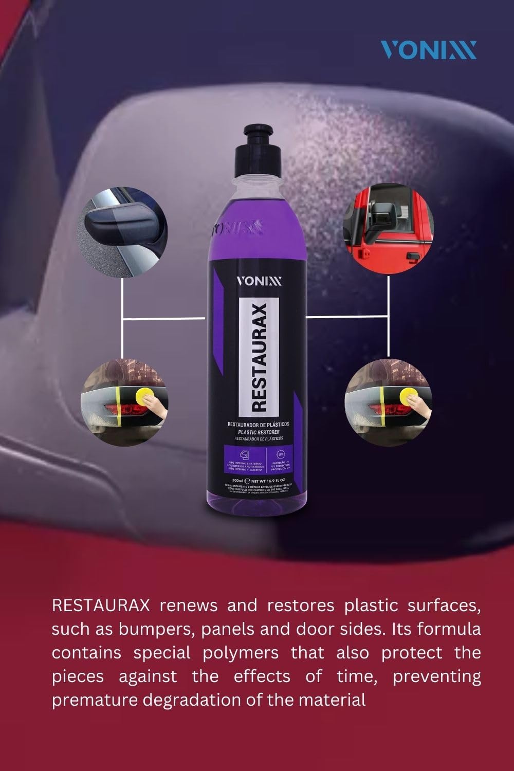 Vonixx Restaurax Plastic Surface Renewal Solution | Glossy Finish | 16.9 fl oz | Interior & Exterior Care | Model 2009015 | Purple
