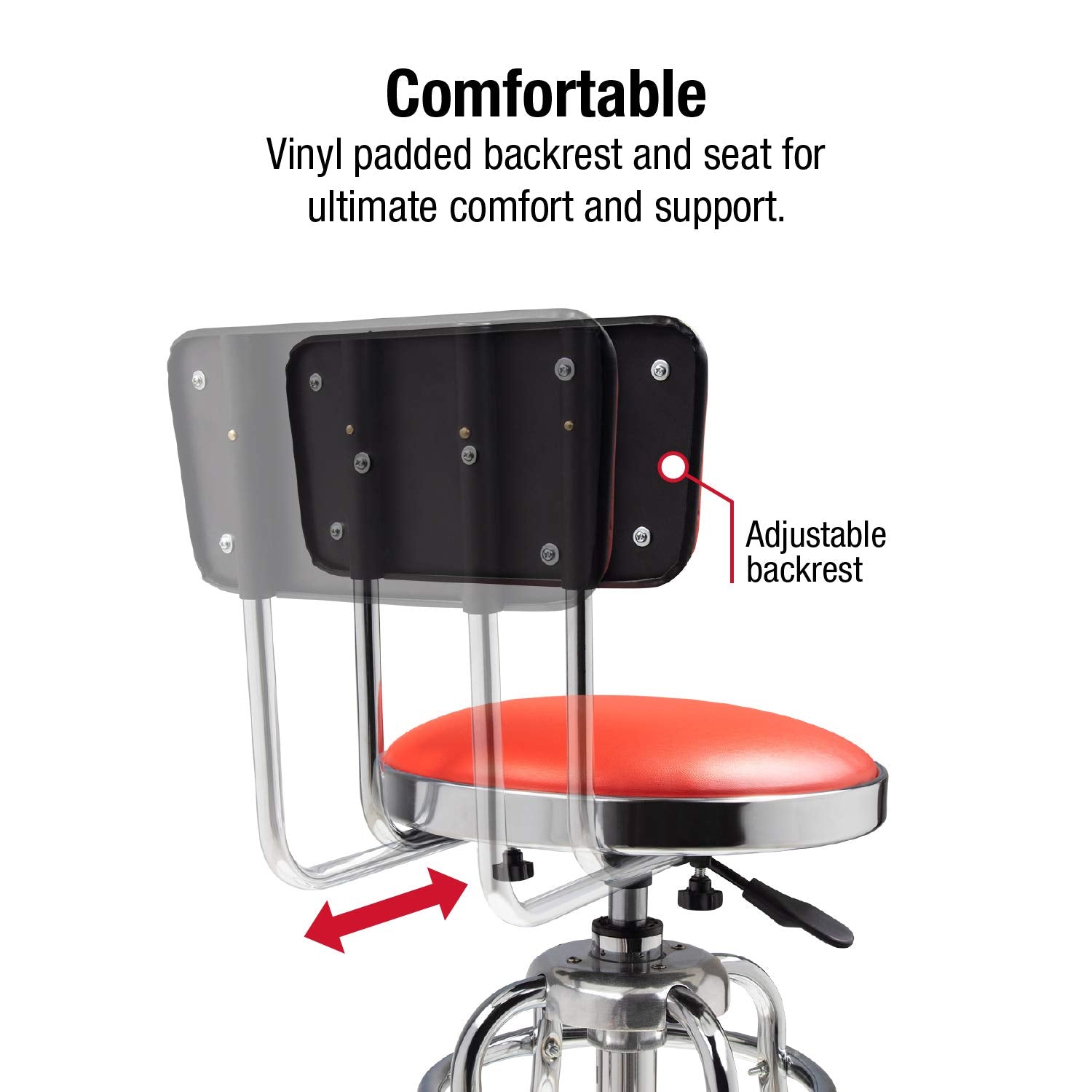 Sunex Tools 8516 Hydraulic Shop Stool, Chrome Finish, Adjustable Seat & Backrest, 250 lb Capacity, Slip Resistant, Silver