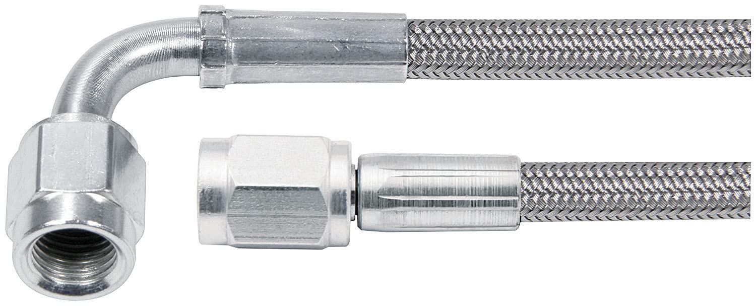 Allstar Performance Brake Hose, 48 in Long, 3 AN Hose, 3 AN Straight Female to 3 AN 90 Degree Female, Braided Stainless, PTFE Li