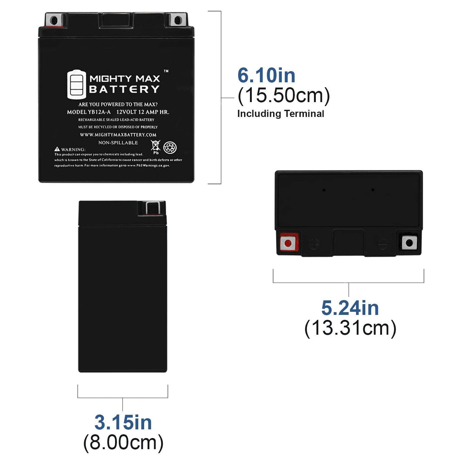 Mighty Max Battery Yb12A-A -12 Volt 12 Ah, 165 Cca, Rechargeable Maintenance Free Sla Agm Motorcycle Battery