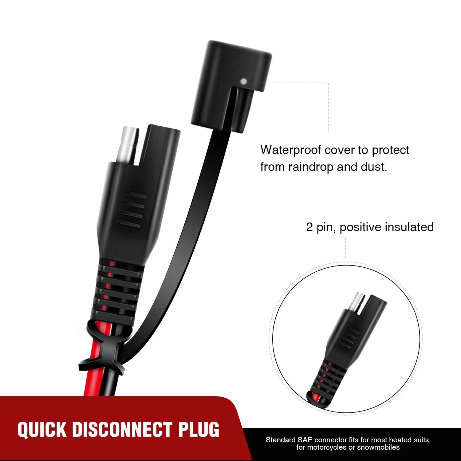 Nilight 2Ft Ring Wire 2 Pin Lug Cable, Eyelet Terminal Harness Extension Charge Cord Quick Disconnect Sae Connection Lead For Mo