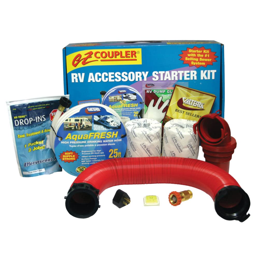 Valterra K88205 Coupler RV Accessory Starter Kit, Universal Sewer Hose, Drinking Water Hose, Adapters, and More for RV Camper, 1
