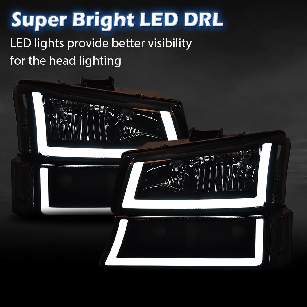 G-PLUS LED DRL Headlights for 2003-2006 Chevy Silverado, Smoky/Clear, Polycarbonate, Black Housing, Clear Reflector