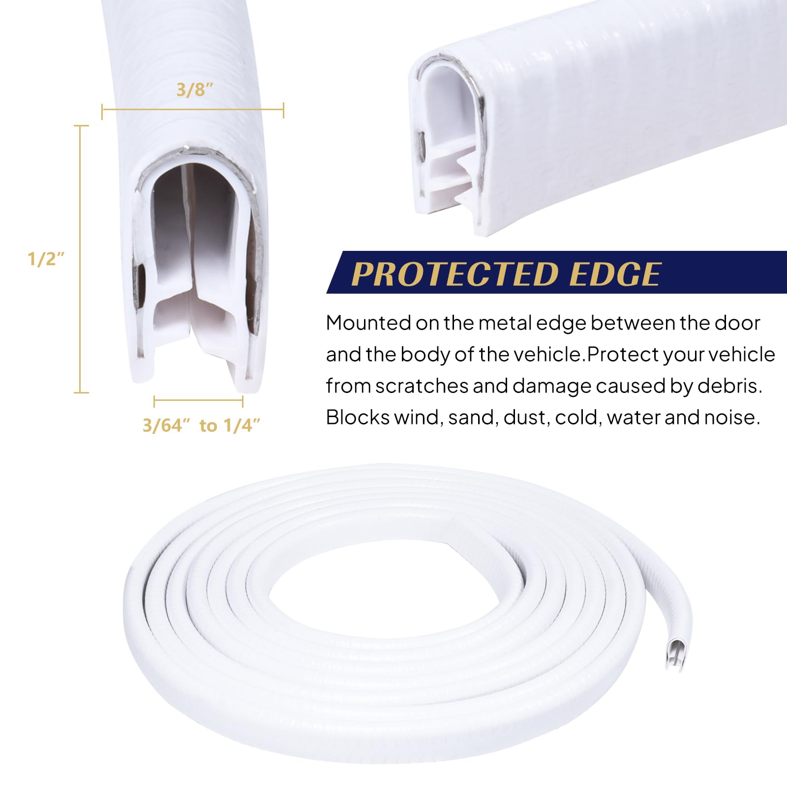 Goldwheel White Edge Trim U-Channel Rubber Trim Edge with Metal 1/2'' X 3/8'' - Fit Gap 3/64'' to1/4 Car Door Edge Sealing Strip