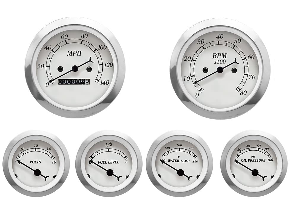 MOTOR METER RACING Classic 6 Gauge Set with Mechanical Speedometer Analog Odometer White Dial Black Needle Light Bulb Illuminati