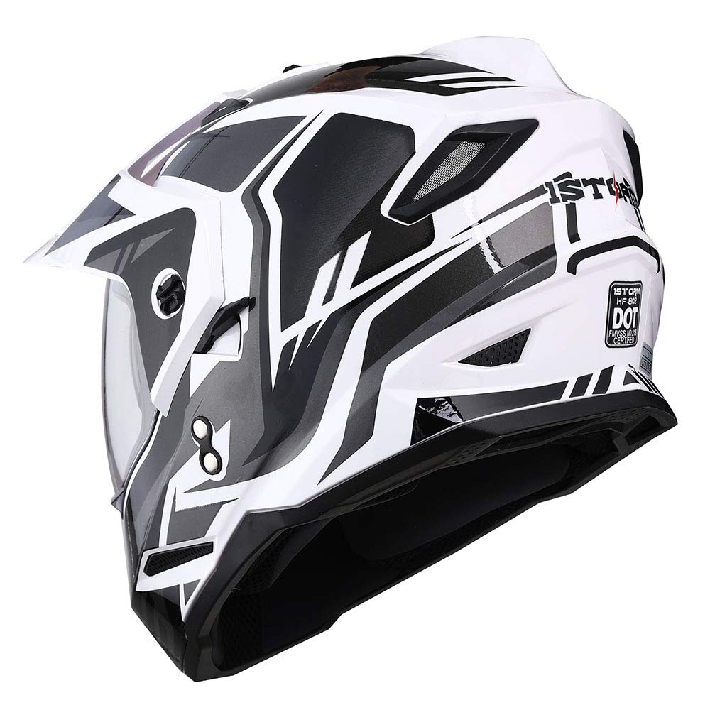 1Storm Dual Sport Motorcycle Motocross Off Road Full Face Helmet Dual Visor Storm Force Black, Size Medium