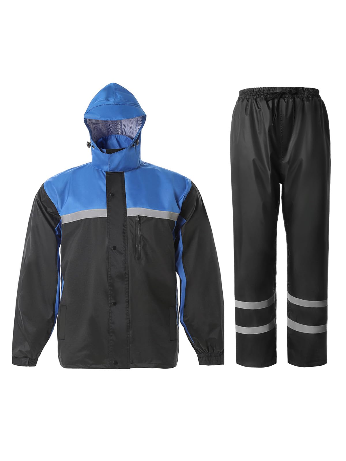 Men&Women Rain Suit High Visibility Reflective Work Rain Jacket Pants For All Sport Farm Fishing Motorcycle, Hi-Vis Black/Royal-