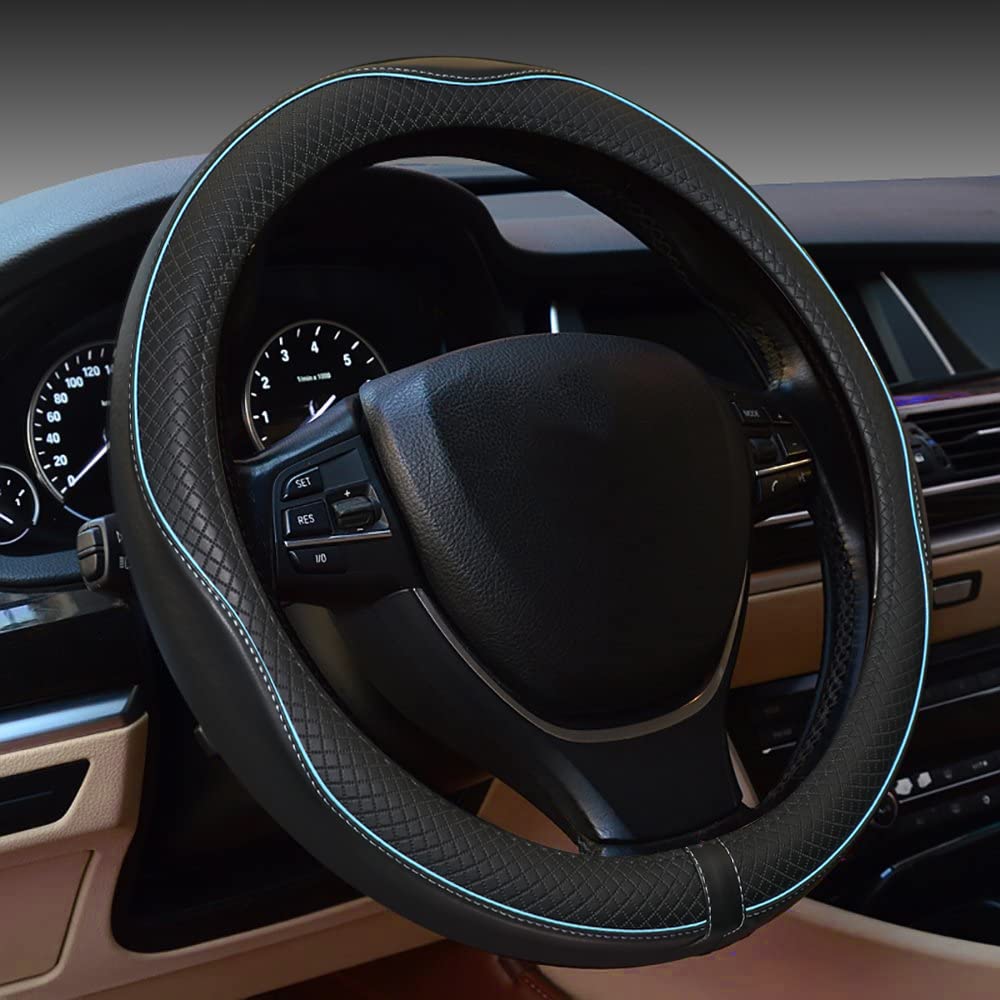 Car Steering Wheel Cover,Anti-Slip, Safety, Soft, Breathable,Heavy Duty, Thick,Full Surround,Sports Style (Black With Light Blue
