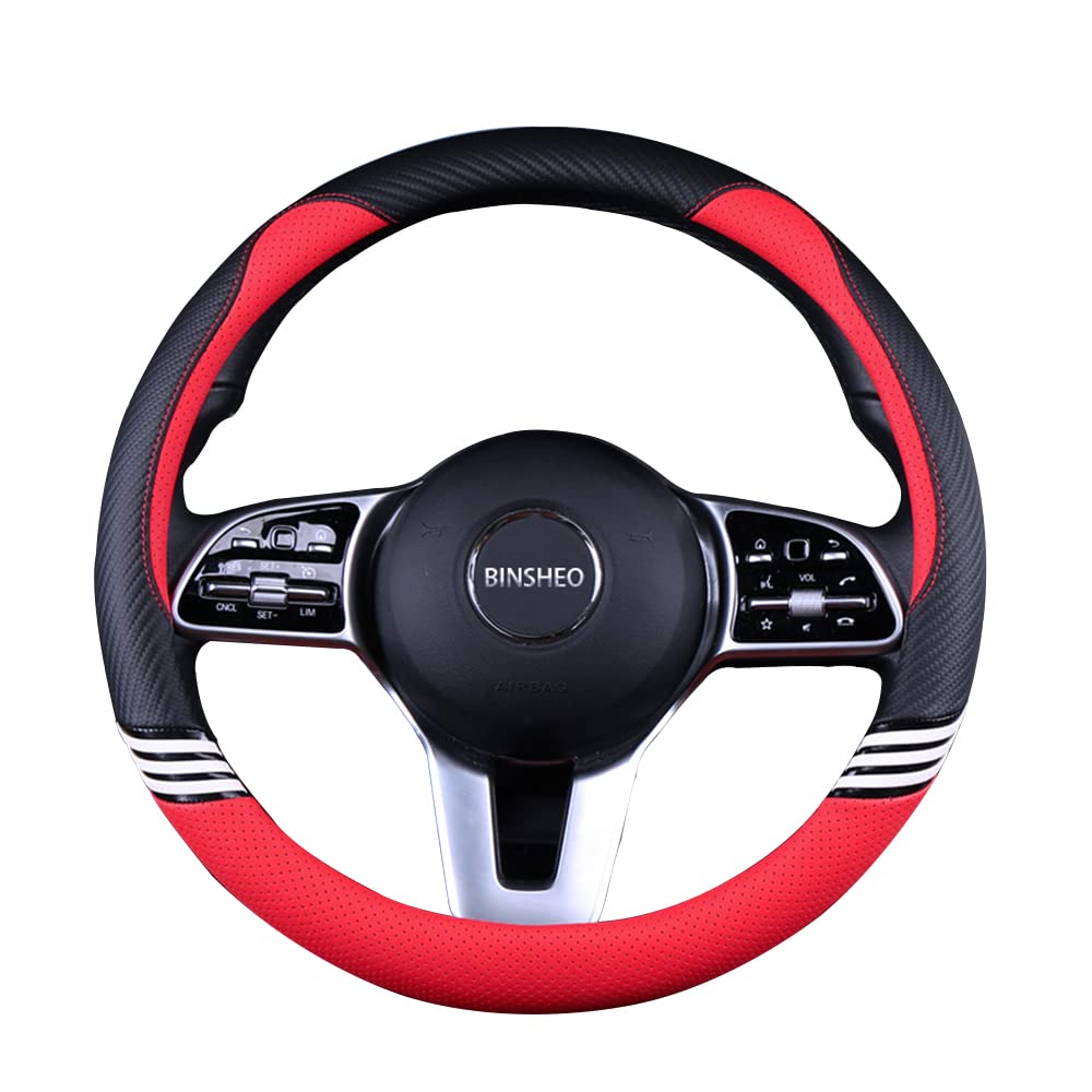 Binsheo 15 inch Cute Leather Steering Wheel Cover Black and Red