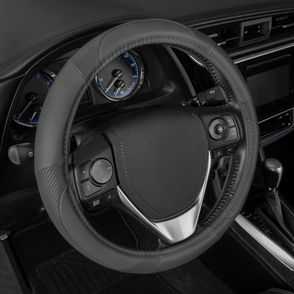 Motor Trend Gray Soft Touch Steering Wheel Cover - Perforated Microfiber Leather With Classic Stitching For Sizes 14.5 To 15 Inc