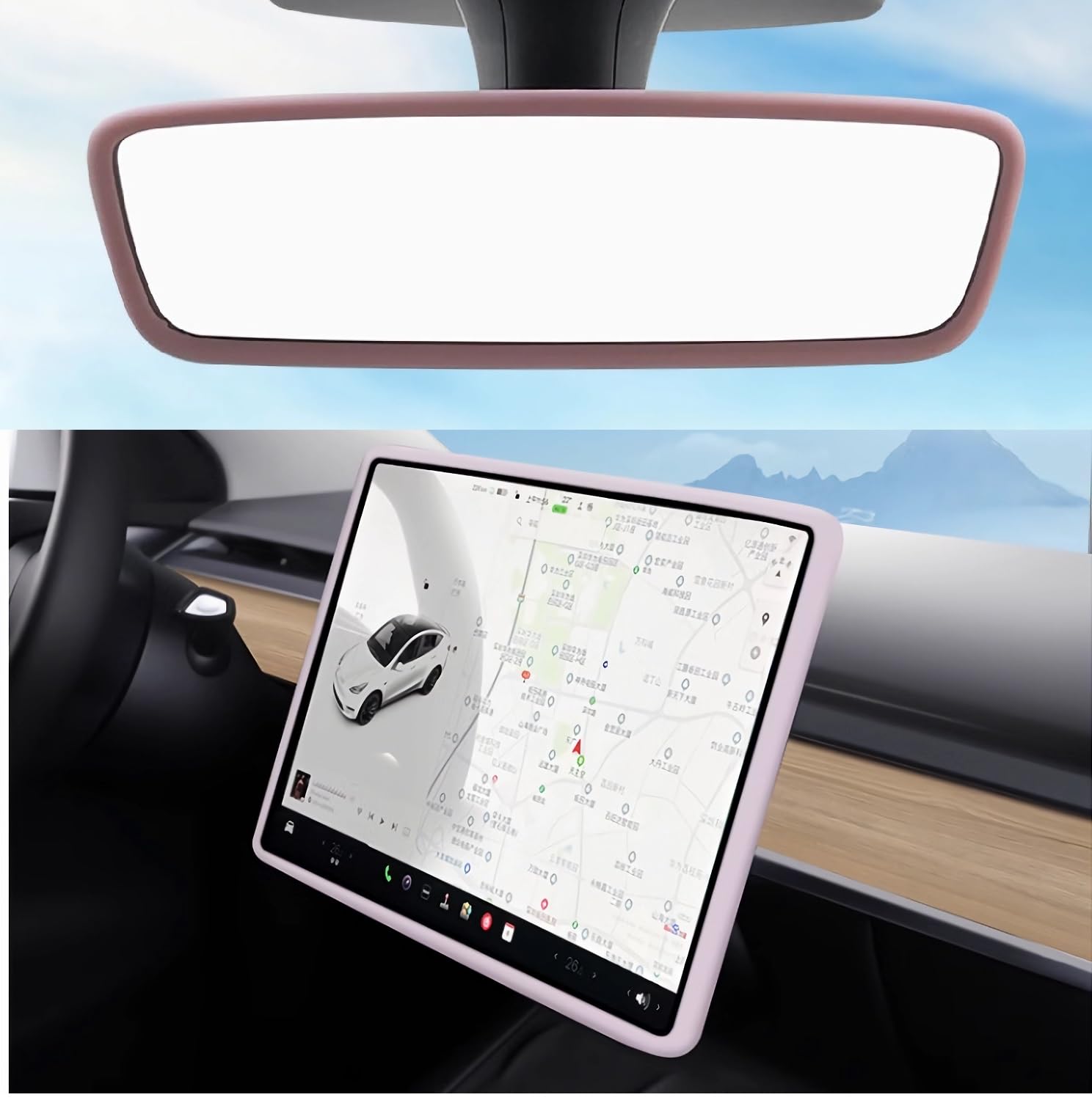 GOOYOGOO Screen Protector Silicone Frame + Rear View Mirror Cover for Tesla Model 3 Model Y, 15 Center Control Touchscreen,Knee Protection/Anti-bump/Durable (PINK) -Like New