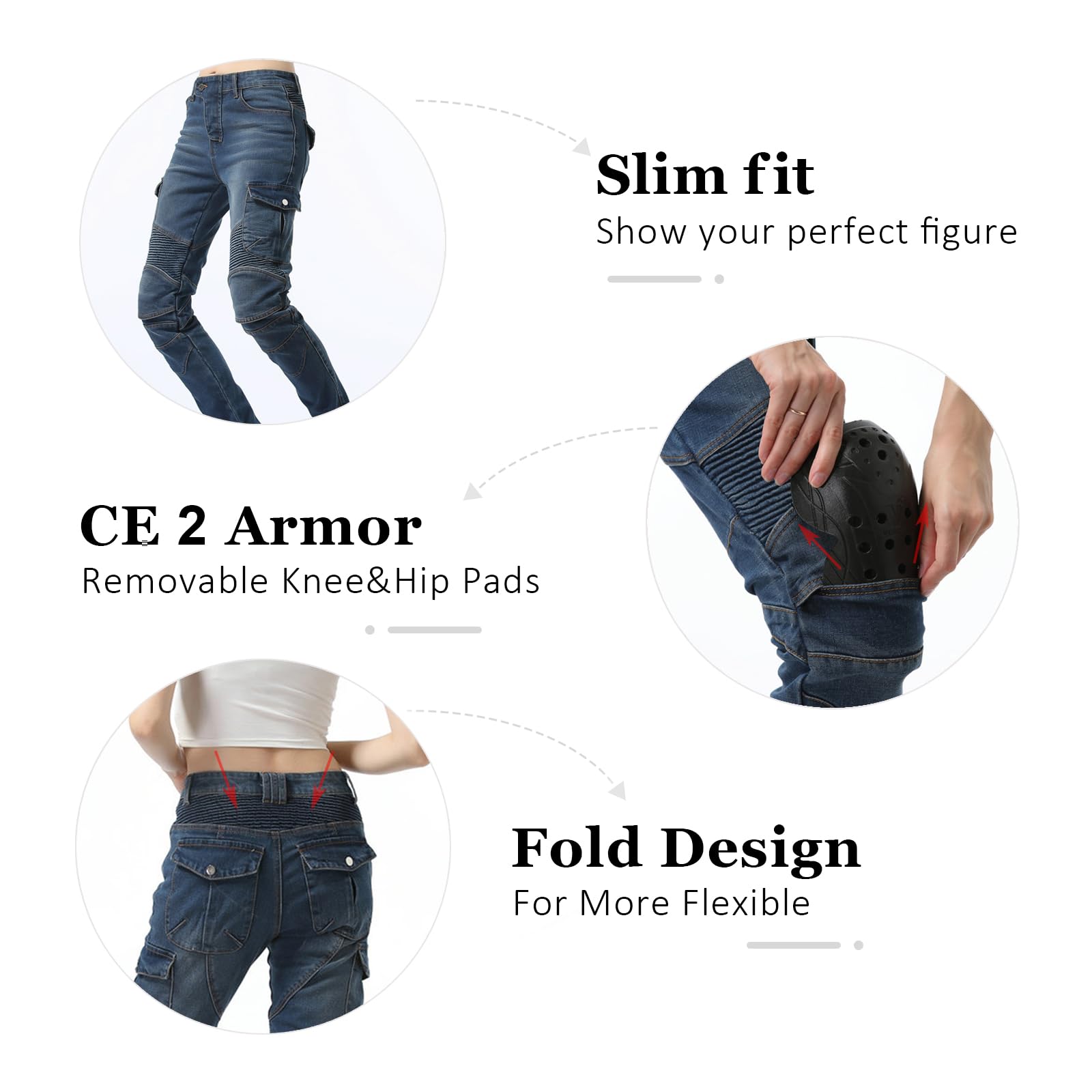 LOMENG Motorcycle Riding Pants Motorcycle Jeans Slim Fit with CE Knee Hip Removable Protectors Armor for Women Blue L 32