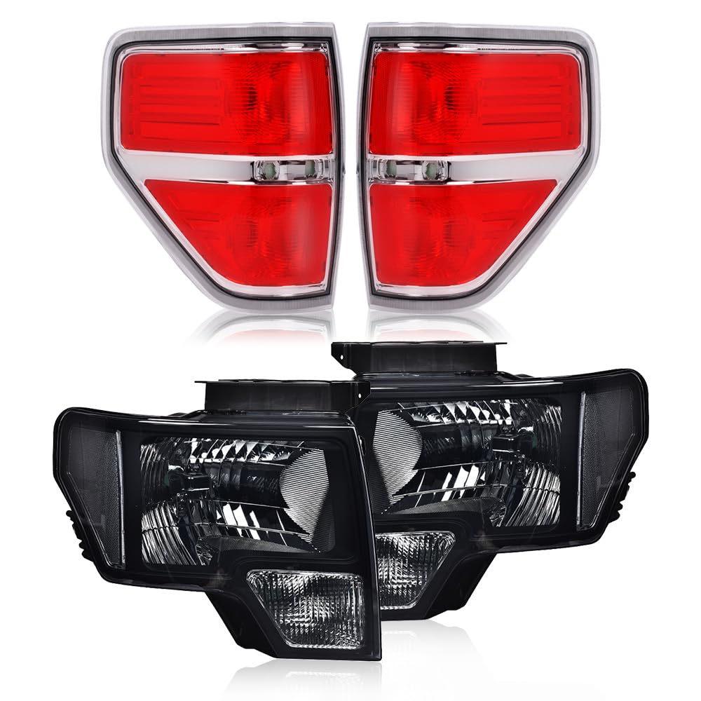 GRAND ORANGE Headlights + Rear Clear Tail Lights Assembly Compatible with Ford F150 2009-2014 4PCS Smoky Lens Black Housing Clea