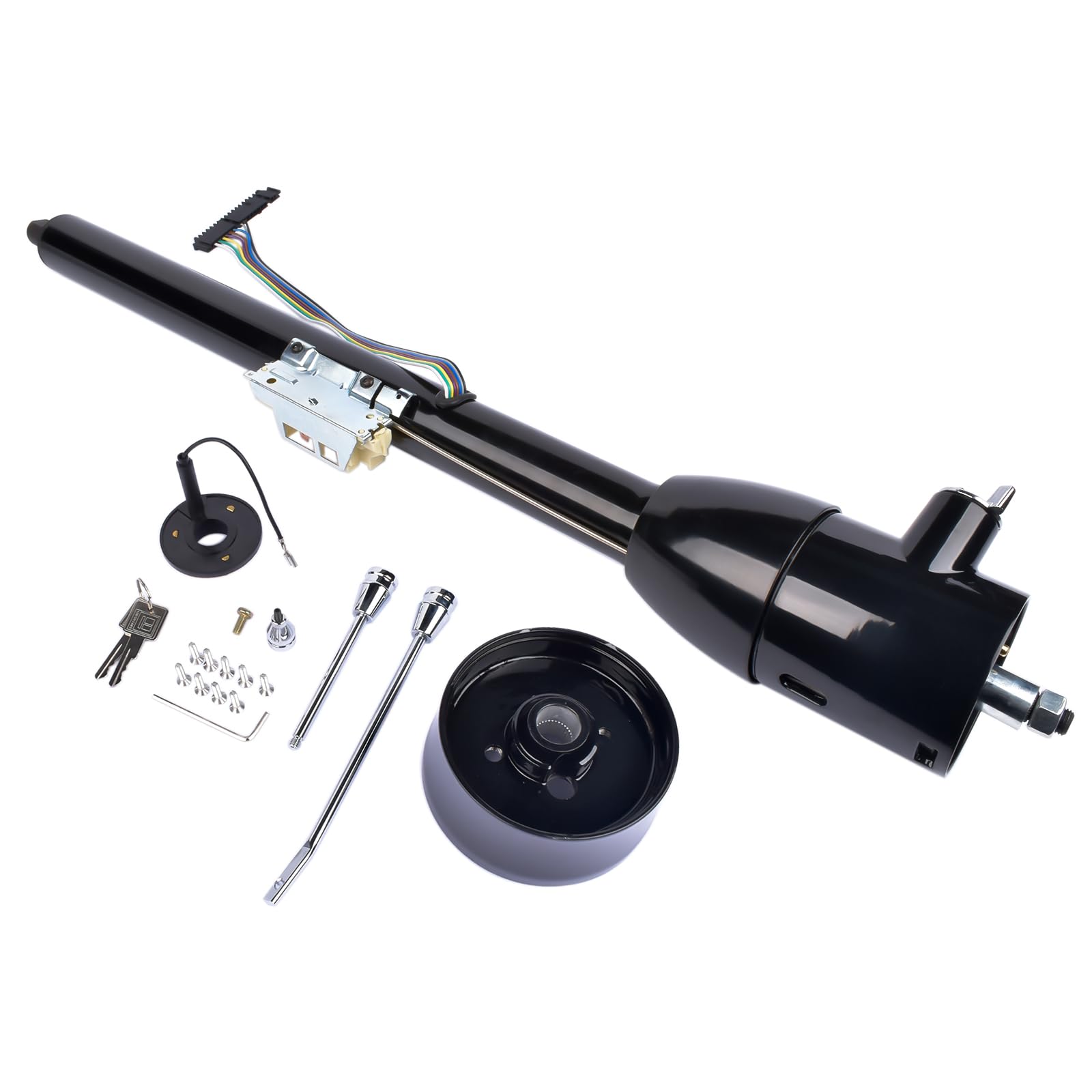 GELUOXI Replacement for GM 32 Inch Tilt Manual Steering Column Floor Shift Hot Rod, with Key & 9 Holes Adapter, Stainless Steel 