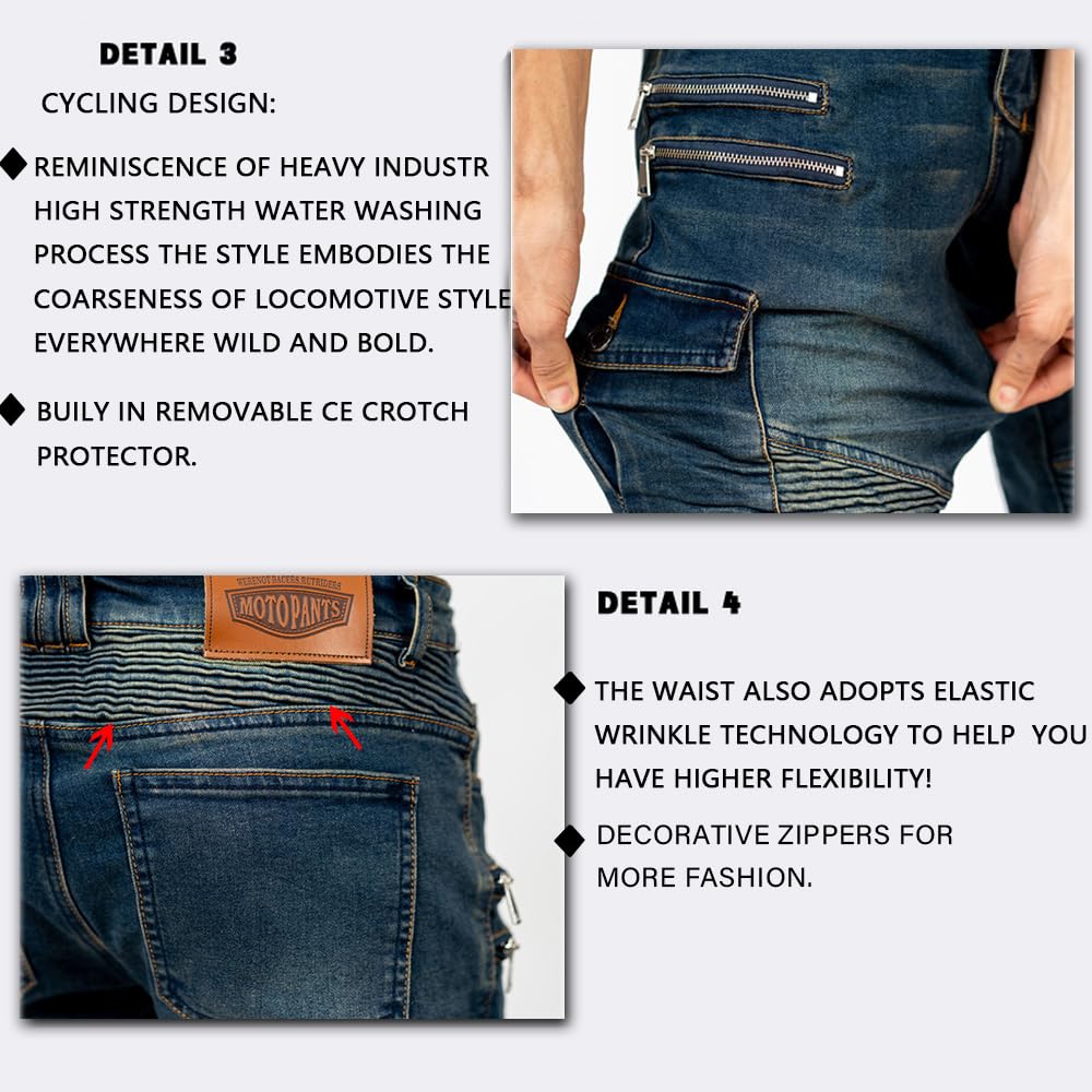 LOMENG Motorcycle Riding Pants Motorbike Motocross Cycling Jeans Safety CE Knee Hip Removable Armored All Seasons for Men Blue 4