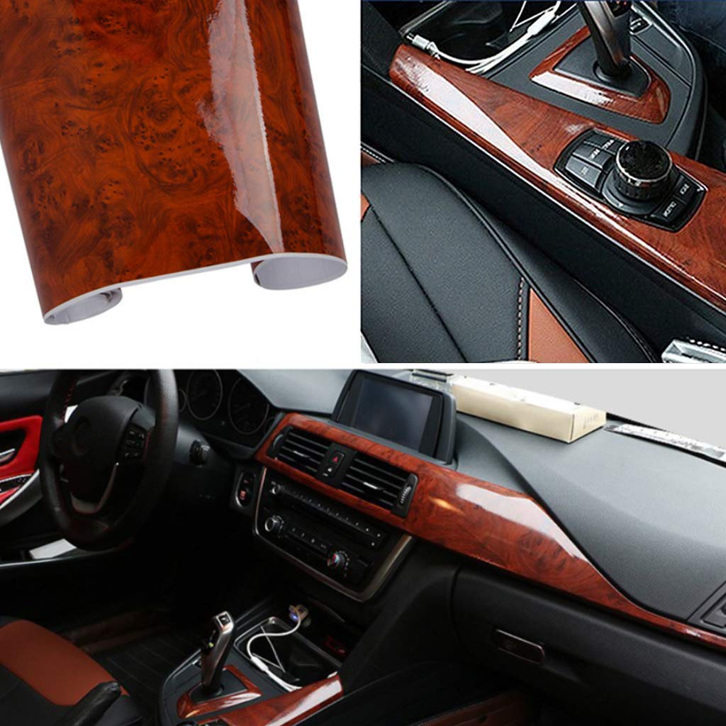 GreceYou High Glossy Wood Grain Vinyl Wrap Sticker Decal Car Internal Wraps Self Adhesive DIY Film, Waterproof Wrap Roll Without
