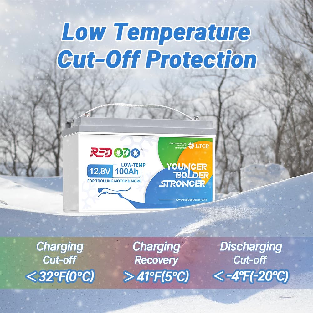 Redodo 12.8V 100AH LiFePO4 Battery with Low Temperature Cutoff Protection, Deep Cycle Group 31 Lithium Battery Built in Upgraded
