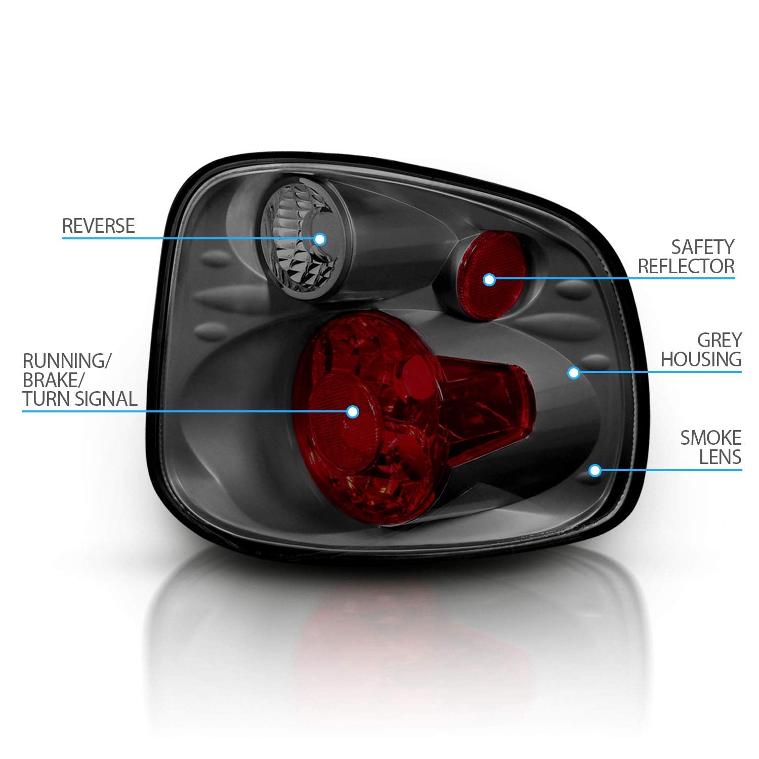AmeriLite Euro Gun Metal Tail Lights for 2001-2003 Ford F-150 Flareside - Driver & Passenger Side, 2 Bulb Design, Silver Smoke