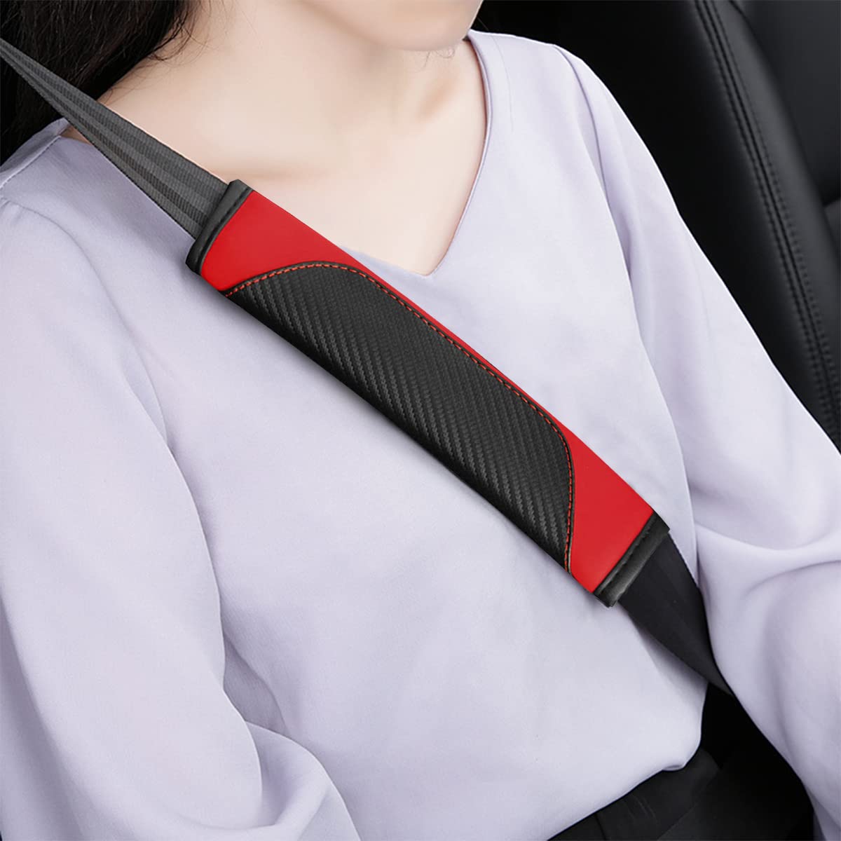 AUCELI 2PCS Car Seat Belt Cover, Carbon Fiber Safety Seatbelt Shoulder Strap Covers, Breathable Leather Soft Harness Pad Protect