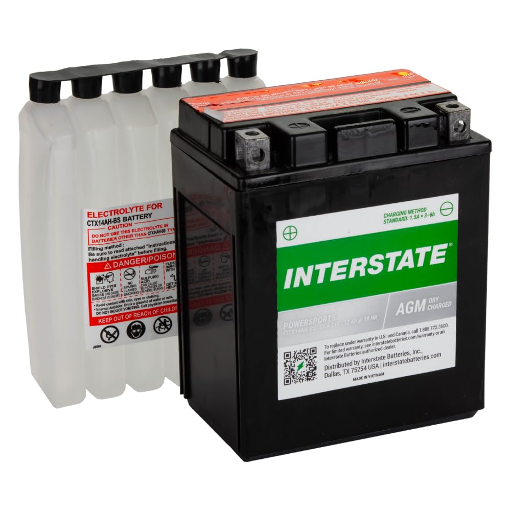 Interstate Batteries YTX14AH-BS 12V 12Ah AGM Powersports Battery for Kawasaki, Polaris, Yamaha ATVs, UTVs, Snowmobiles, Motorcycles