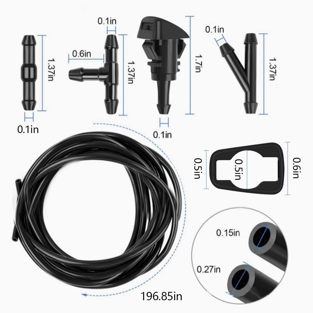 Auceli 17 Pcs Set Windshield Washer Hose Kit, 12 Pcs Hose Connectors, 5M Washer Fluid Hose, 2 Fan Nozzles, 2 Rubber Gaskets, Con