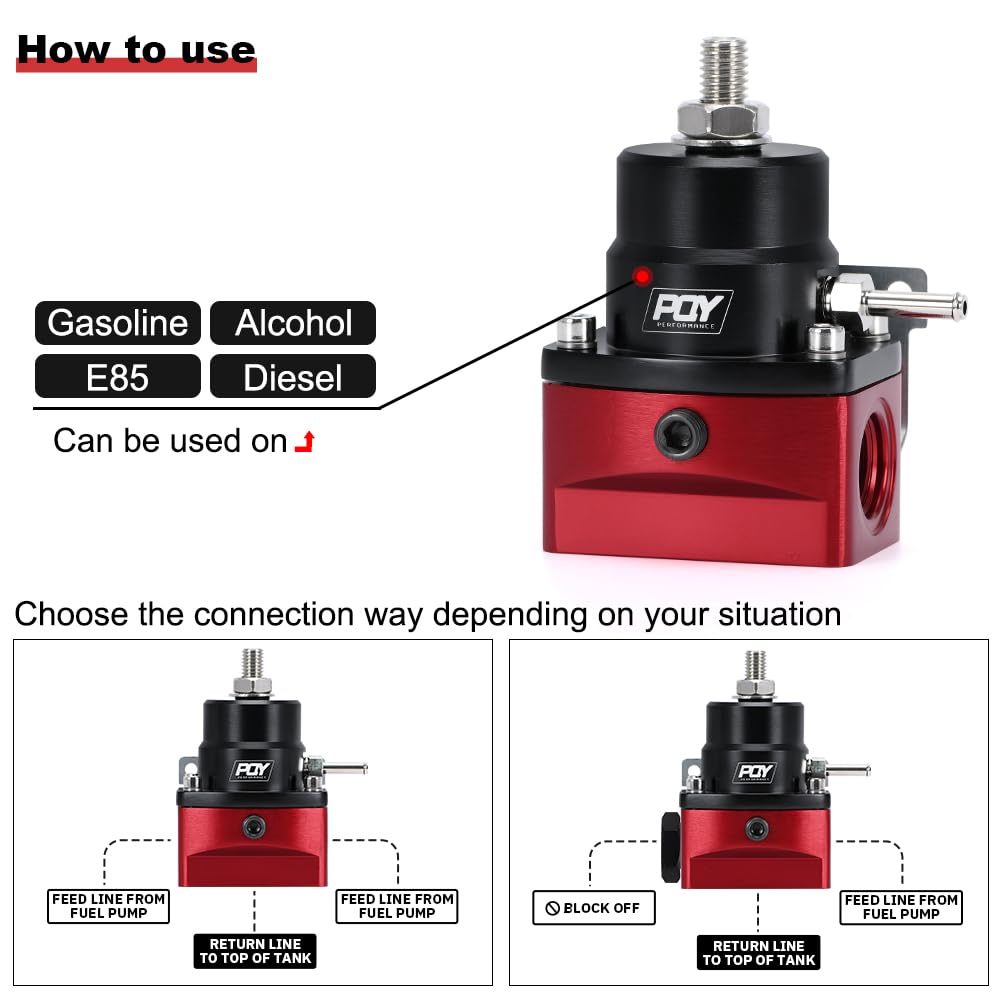 PQY Adjustable Fuel Pressure Regulator Kit 3-70PSI with AN8 Feed Port and AN6 Return Port (red+black)