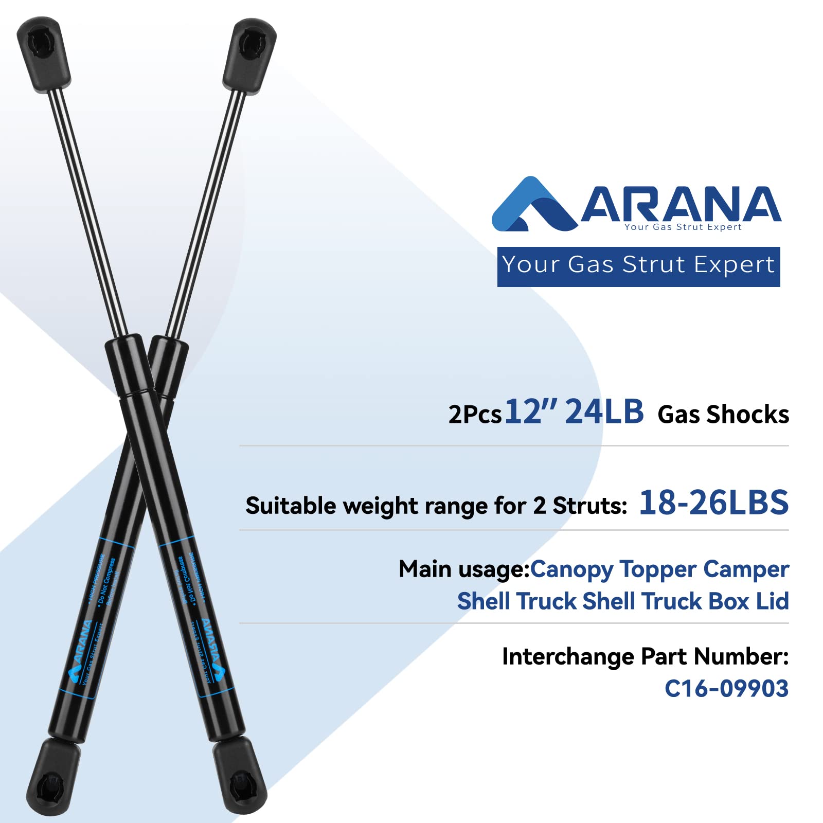Arana C16-09903 12 Inch 24 Lb Gas Struts Spring Shocks C16-25685 11.57 Inch 24Lb Lift Support For Canopy Topper Camper Shell Tru