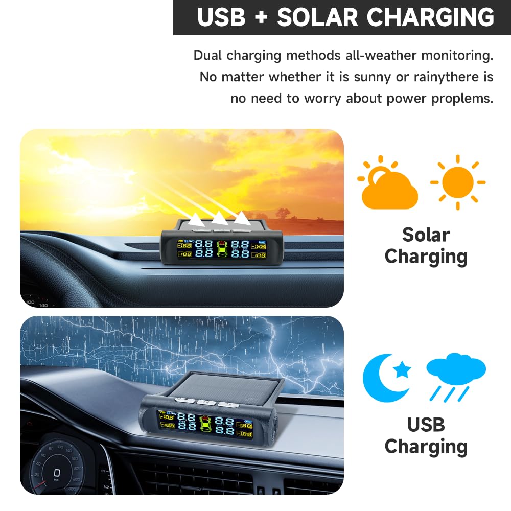 Tire Pressure Monitoring System Wireless Solar Power and USB Charger Monitor, Colorful LCD Display, TPMS with 4 Sensors & 5 Alar