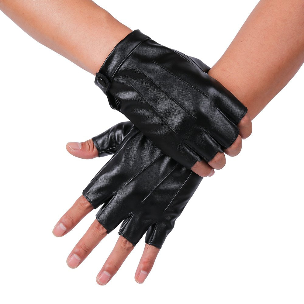 Jisen Men Pu Leather Punk Half Finger Snap Performance Gloves Black