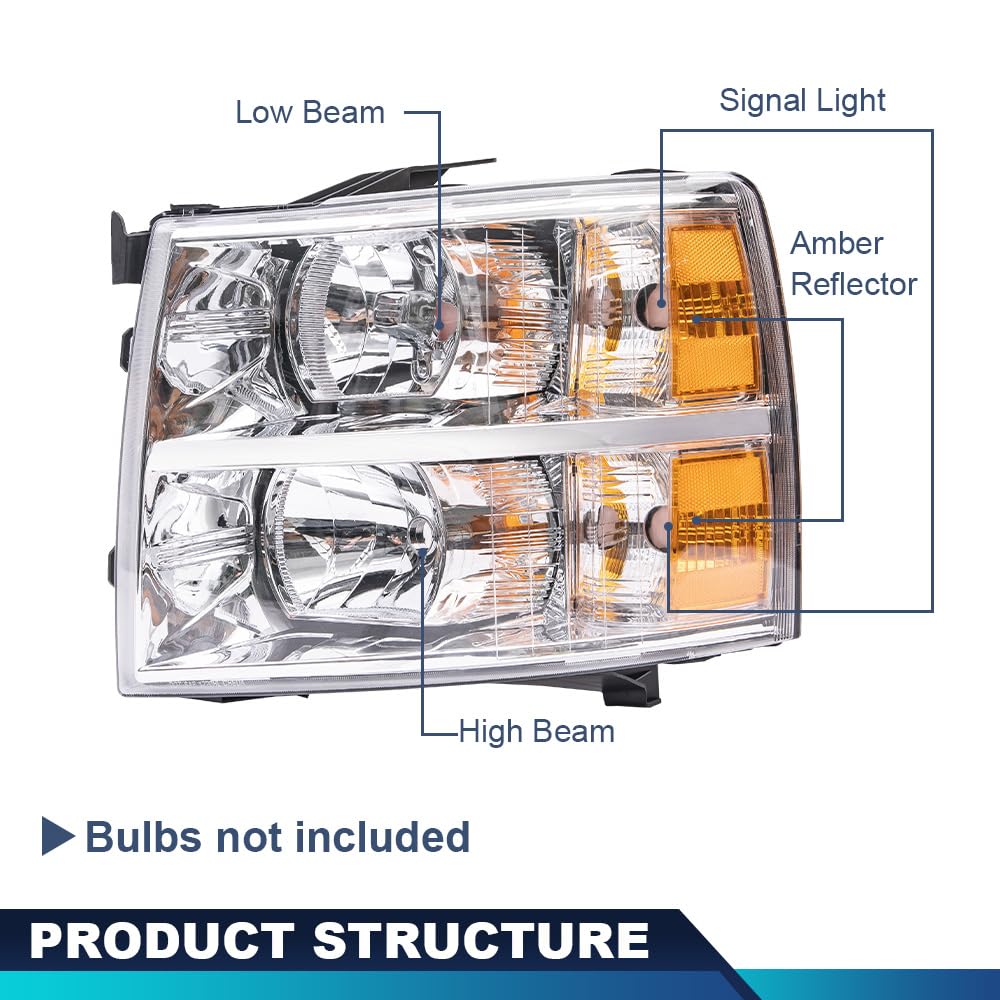 PIT66 Headlight Assembly Pair for Chevy Silverado 1500 2007-2013, 2500/3500 HD 2007-2014, Clear Lens, Chrome Housing, Amber