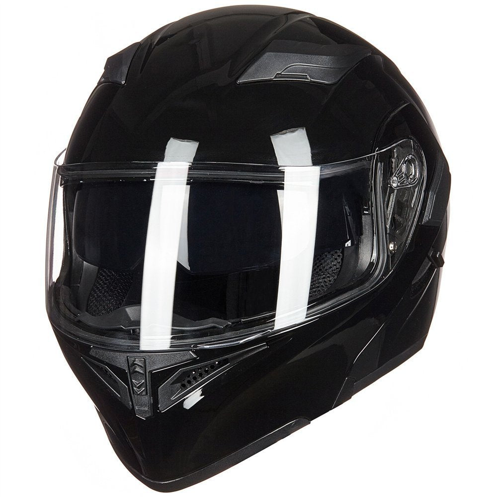 Ilm Motorcycle Dual Visor Flip Up Modular Full Face Helmet Dot 6 Colors Model 902 (M, Gloss Black)