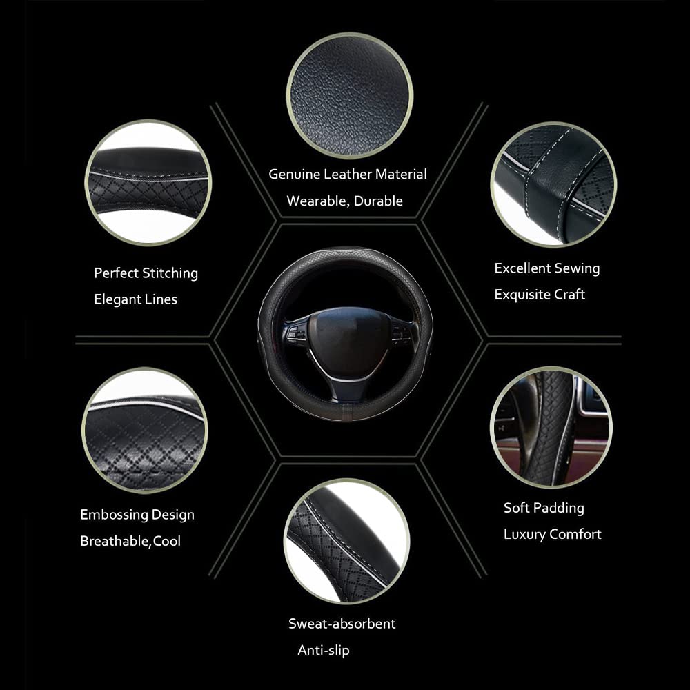 Car Steering Wheel Cover, Anti-Slip, Safety, Soft, Breathable, Heavy Duty, Thick, Full Surround, Sports Style (Black With White