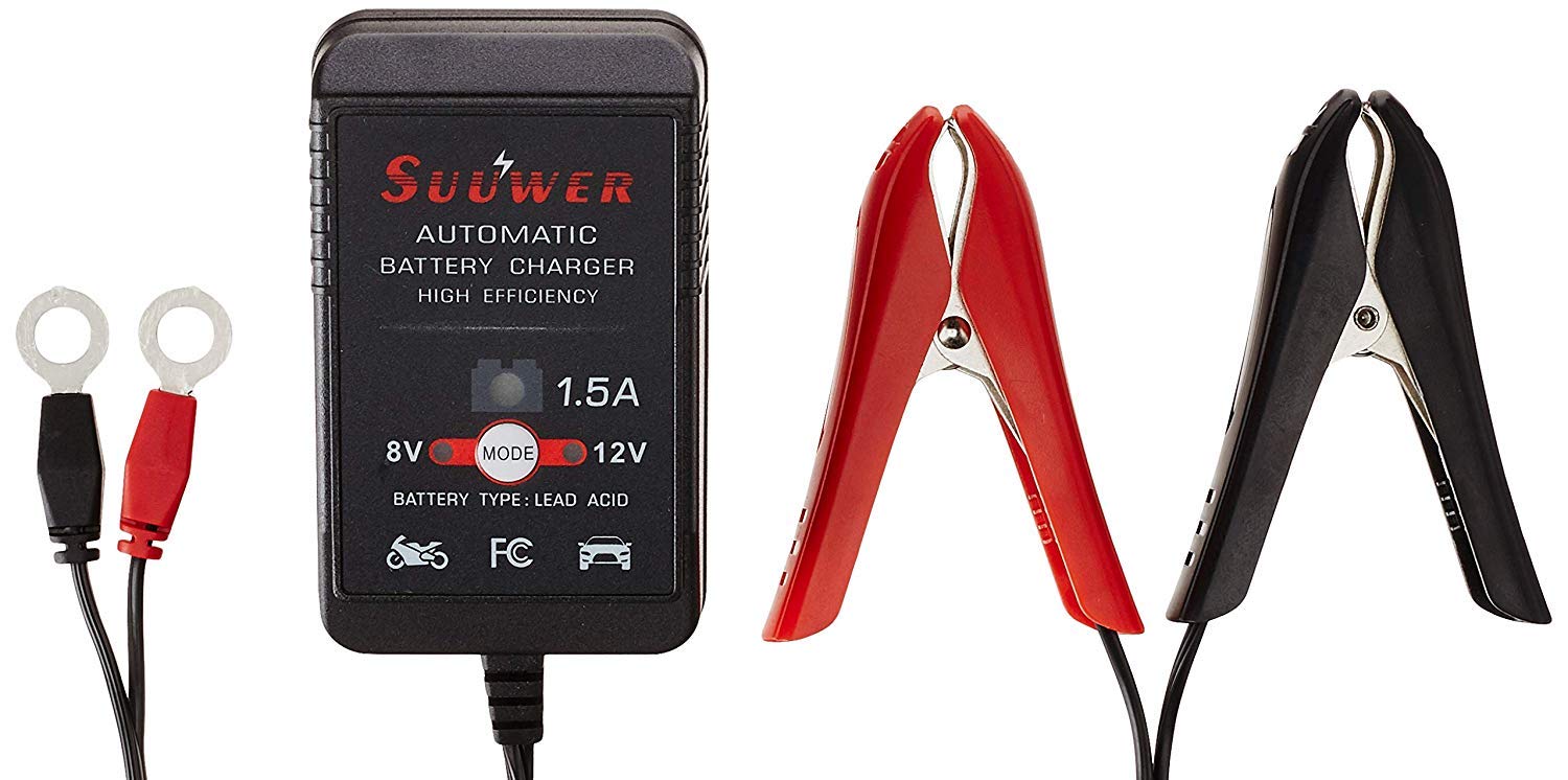 Suuwer 8V/12V 1.5A Automatic Battery Charger for Car, Motorcycle, Lawn Mower - Black