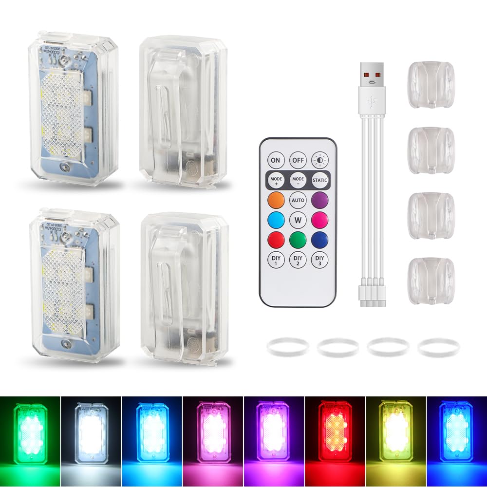 4PCS Wireless LED Strobe Lights with Remote, 8 Colors 10 Lighting Modes Bike Tail Light Rechargeable with Remote Control Clip On