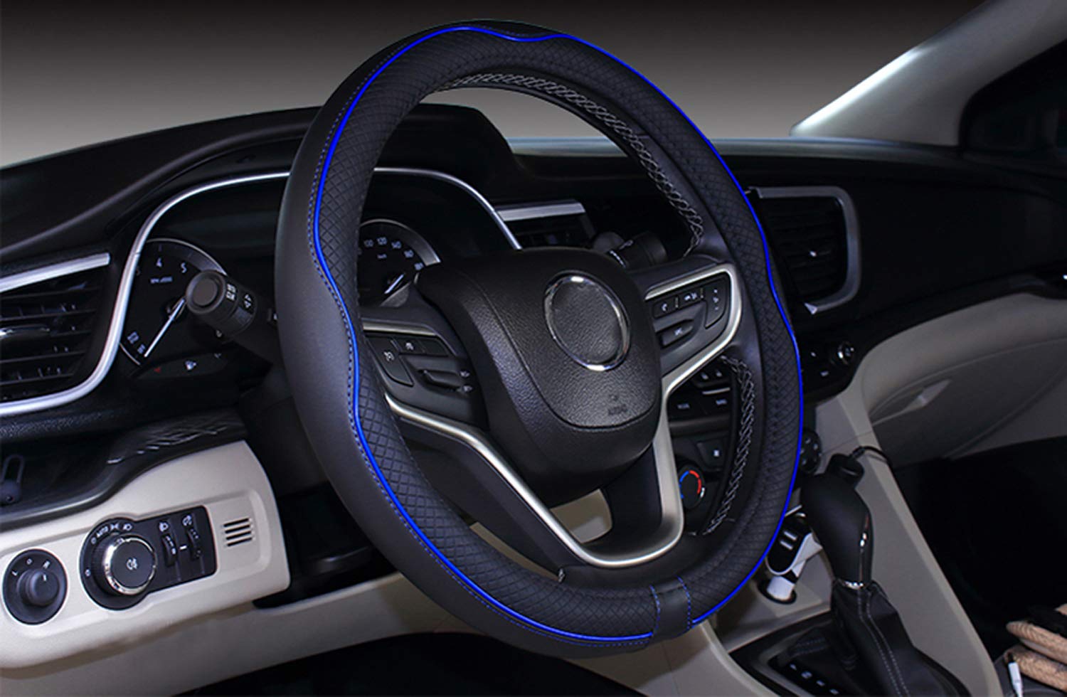 Mayco Bell Universal Standard Size Steering Wheel Cover Anti-Slip,Safety,Soft,Breathable,Durable,Full Surround,Comfortable Grip Microfiber Leather (14.5-15 Inch,Black Dark Blue)